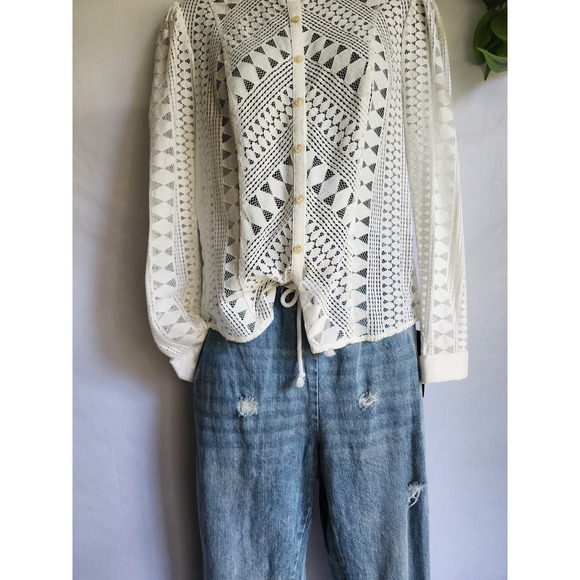 MEADOW RUE BY ANTHROPOLOGIE SIZE US6 WHITE LACE GEOMETRIC BUTTON BLOUSE - Picture 5 of 10
